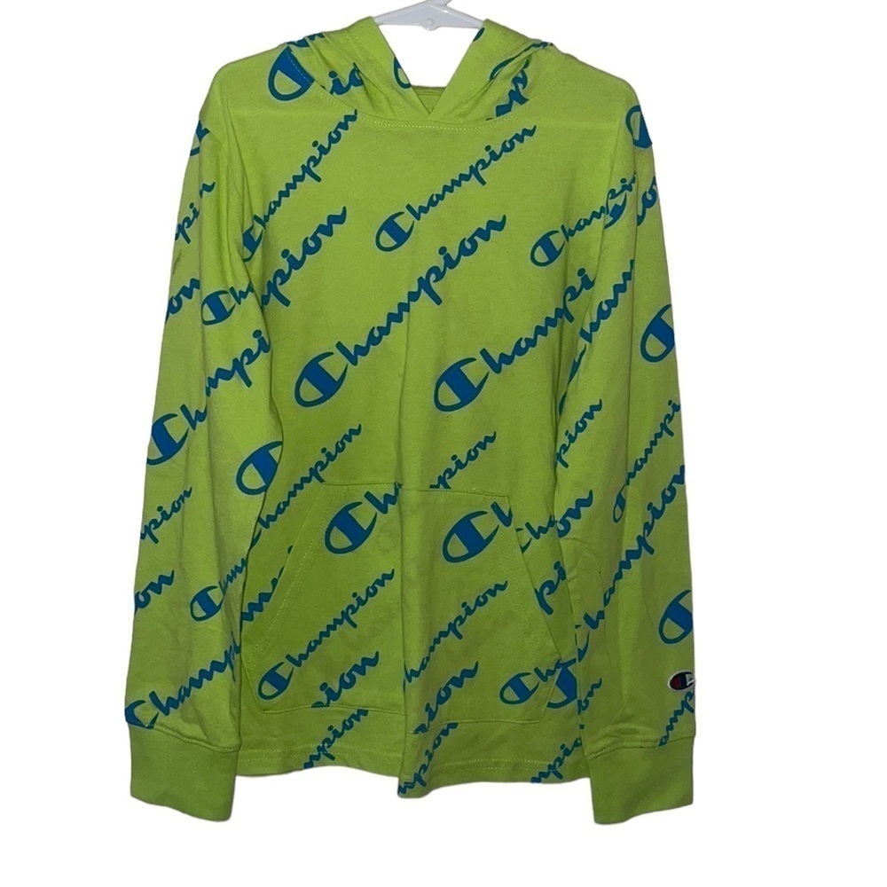 CHAMPION boys neon green/Blue logo pullover‎ hoodie size S